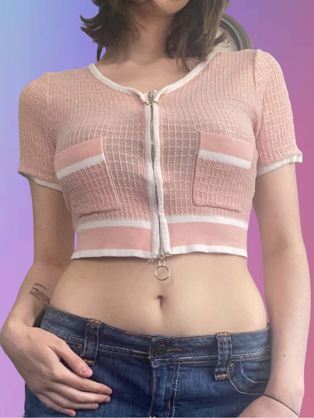 Pink Cropped zip-up Front Top with Pocket Detail